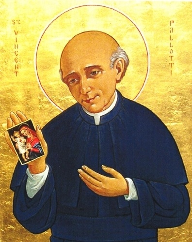 Icône de Saint Vincent Pallotti avec auréole dorée, tenant une image de la Vierge Marie